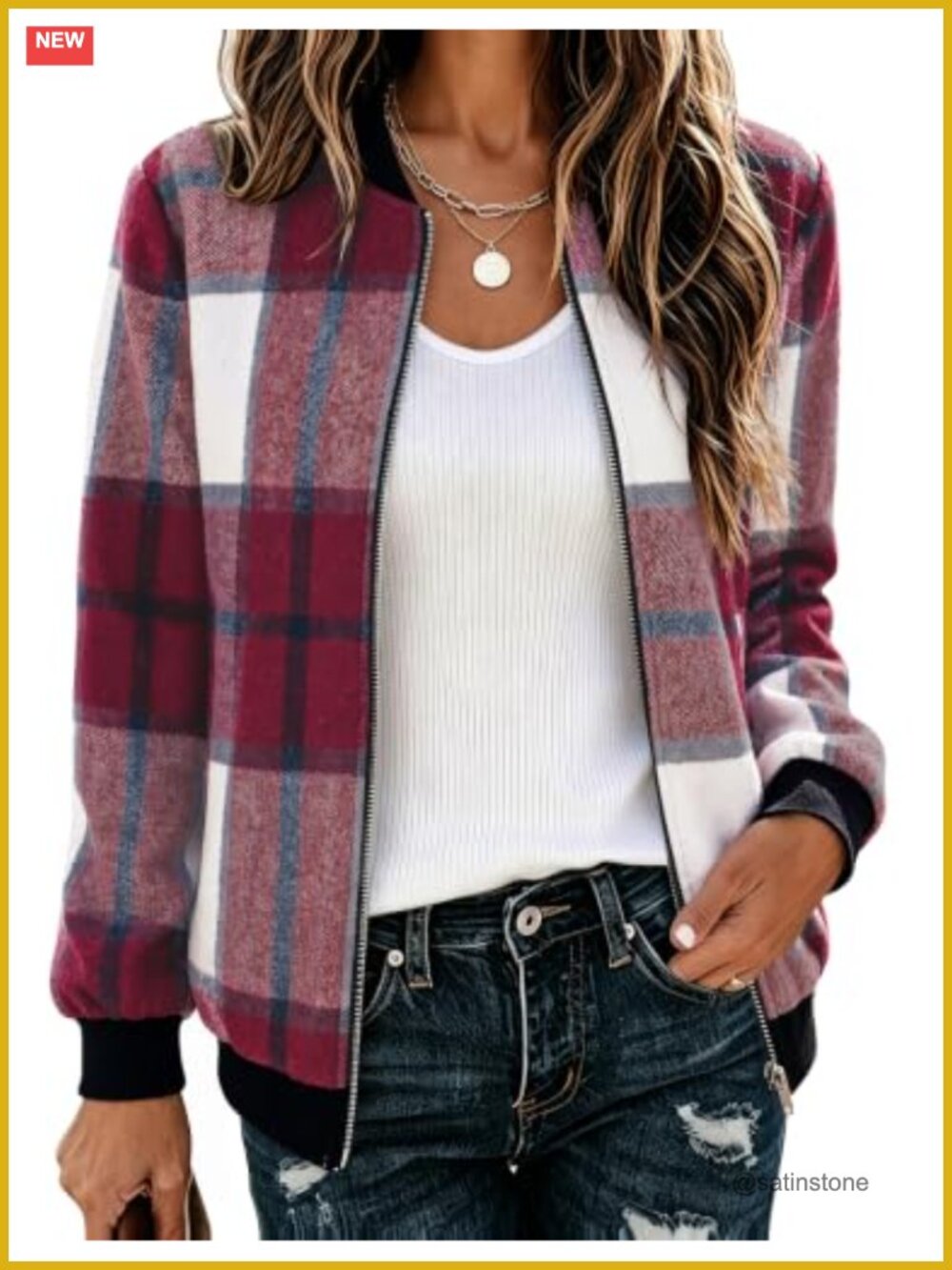 Plaid Flannel Bomber Jacket Women Zip Up Lightweight Casual